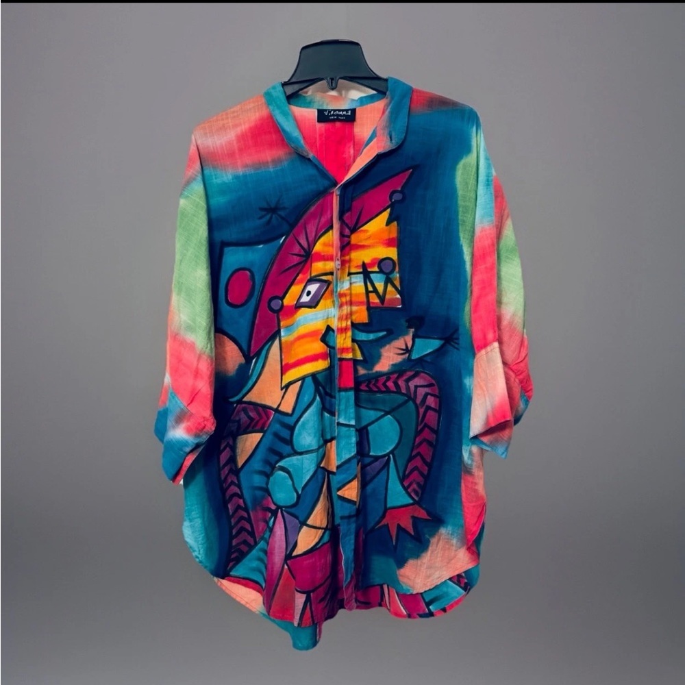 Dilemma New York Shirt Tunic Womens Bright Colorful Abstract Button Up Cotton